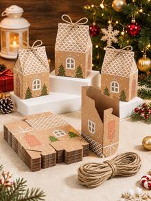 24pcs Christmas Kraft Paper House Gift Boxes With Jute Rope, Cute Gingerbread House Shaped Foldable Gift Packaging Boxes, Suitable For Christmas Party Favors, Holiday Gift Wrapping, Home Decor, DIY Handmade Gift Box Supplies - Multicolor 2 - View 3