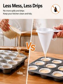 Handheld Batter Funnel With Handle, Single-Hand Controlled Cupcake Frosting Dispenser, Anti-Drip Baking Pouring Funnel, Suitable For Muffins, Pancakes, Waffles, Chocolate, Cookies, Macarons, Donuts, Cupcakes; Home DIY Dessert Breakfast Baking Tools, Reusable Easy To Clean Batter Dispensing Tool, Lightweight Non-Stick Batter Distribution Funnel - White - View 3