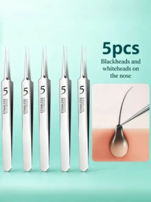 5pcs Professional Precision Ultra-Fine Tip Blackhead Tweezers, High Hardness Rust-Resistant Stainless Steel Extractor, Comfortable Strong Grip, Suitable For Facial Hair, Beard Trimming And Home Skin Care - Silver - View 4