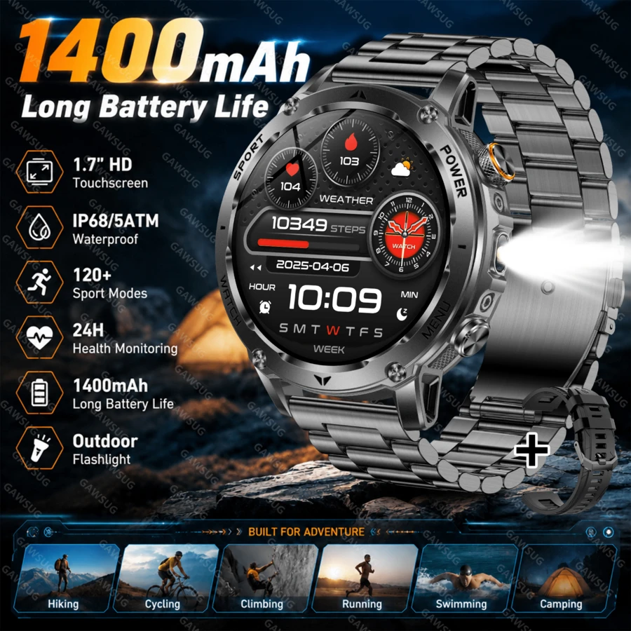 GAWSUG 1400mAh Battery Military Smart Watch Men Bluetooth Call Flashlight IP68 Waterproof Tactical Rugged Watch Gift For Android IOS - View 1