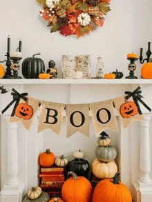 1set Of Halloween Linen Decorative Banners Featuring "BOO" And Pumpkin Designs-Perfect For Halloween Decor, Party Setups, Festive Displays, And Creating A Holiday Atmosphere. Ideal For Halloween Decorations, Home Styling, And Themed Parties. - Multicolor - View 2