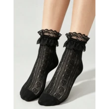 1 Pair Women's Solid Color Ankle Socks, Romantic Ruffle Lace And Heart Pattern, Hollow Mesh Design, Suitable For School, Party And Daily Wear - Multicolor - View 5