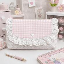 1pc Cute Lace Pink Plaid Polka Dot Pencil Case (No Pendant Single Pencil Case), Bow And Heart Decoration, Single Zipper Large Capacity Stationery Storage Bag, Makeup Bag, Suitable For Teenagers Daily School Supplies And Back To School, Birthday, Halloween, Christmas Gifts - Multicolor - View 4