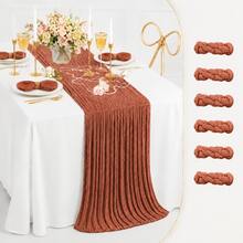 12pcs Clay Color Gauze Table Runner, 35*120 Inch Sheer Table Runner, Semi-Transparent Pleated Bohemian Country Style Table Runner, Suitable For Wedding Party, Baby Shower, Birthday, Bridal Shower, Thanksgiving, Friendsgiving, Engagement Party, Home Decor - Rust Red - View 31
