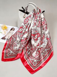 1件女款時尚鏈條繩索印花 90*90cm 正方形圍巾，春夏秋冬百搭裝飾圍巾 - 紅色(腰果紋) - 查看 5