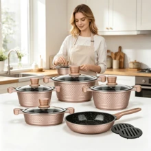 11 Pcs Champagne Aluminum Cookware Set, Glass Lids With Heat‑Resistant Handles, Comes With 2 Accessories, Compatible With Gas And Induction Cooker, Suitable For Making Soup, Stewing And Frying All Kinds Of Ingredients In Household Kitchen - View 10