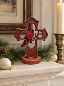 1pc Christmas Cardinal Figurine, Red Cardinal Bird On Decorative Cross Statue, Rustic Holiday Tabletop Decor For Fireplace Mantel Shelf Entryway Living Room - Classic - View 2