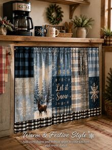 1pc Blue Snowflake Deer Under Sink Curtain, Rustic Polyester Rectangular Cabinet Skirt With Patchwork Design And Plaid Ruffle Hem, Decorative Kitchen Cover For Winter Home Decor, Christmas Decorations For Home, Kitchen Essentials - Multicolor - View 11