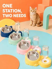 1PC 2-In-1 Pet Cat Bowl Set, Stainless Steel Food Bowl With Automatic Water Dispenser, Anti-Tip Base, Detachable Easy To Clean Feeding And Watering Bowl, For Cats And Small Dogs Home Daily Feeding - 500ml - View 4
