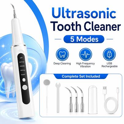 Plaque Remover For Teeth - Teeth Cleaning Kit Tartar Remover For Teeth With LED Light & 5 Adjustable Modes, USB C Rechargeable, 4 Replaceable Heads&6 Dental Tools, IPX7 Waterproof For Home Use