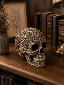 1pc Resin Skull Floral Human Skull Model, Adult Skull Skeleton Model, Day Of The Dead Decoration, Vintage Style Home Desktop Ornament, Horror Party Prop, Unique Collectible Model Gift - 1PC - View 5