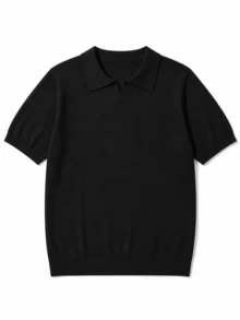 Lookun Men's Polo Shirt, Polo Collar Short Sleeve Knit Loose Fit Business V-Neck Placket Short Sleeve Polo Shirt, Spring/Summer - Black - View 6