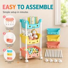 3-Tier & 5-Tier Rolling Storage Cart, Colorful Multi-Tier Toy Organizer With Wheels, Open Basket Storage Rack For Kids Room, Books, Snacks, Toys, Bedroom, Playroom & Nursery - View 3