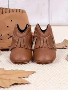 Infant Western Style Tassel Denim Ankle Boots, Side Zipper Easy On/Off Comfortable Soft Infant Boots - Brown - View 3