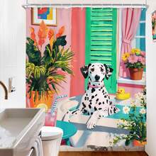 1pc Spotted Dog Summer Garden Shower Curtain, Colorful Animal Bathroom Divider - Suitable For Bathroom Decor, Easy To Clean Exquisite Home Decoration, Bathroom Partition Curtain, Decorative Shower Curtain, Bathroom Accessories Home Decor Gift - Includes 12 Hooks - Multicolor - View 5