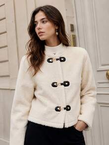 Women's Fleece Jacket, Casual Faux Sherpa, Metal Button, Round Neck, Thick, Warm Outerwear For Autumn/Winter - Beige - View 2