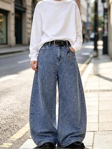 1 buah Celana Jeans Pria American Vintage Motif Kepingan Salju Biru Model Longgar Kaki Lebar Potongan Melengkung - Biru - View 2