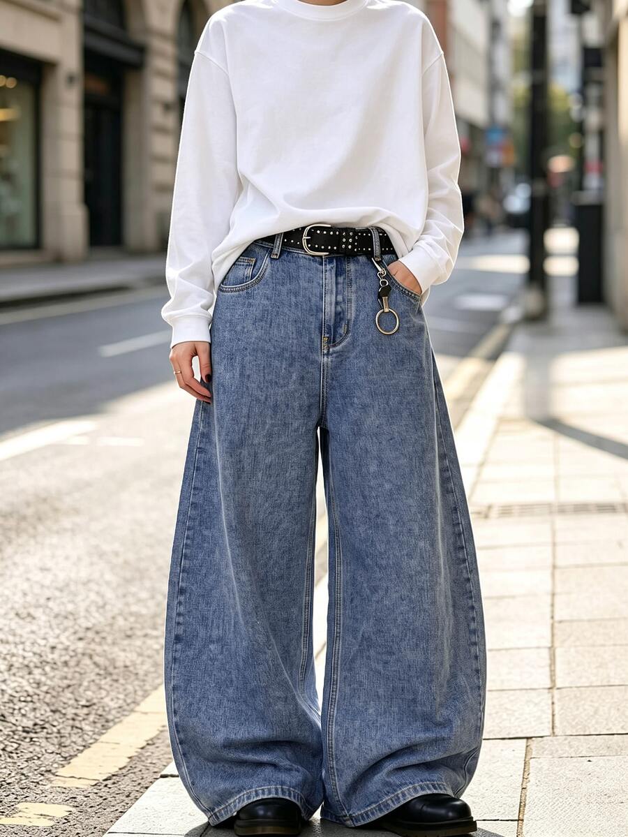 1 buah Celana Jeans Pria American Vintage Motif Kepingan Salju Biru Model Longgar Kaki Lebar Potongan Melengkung
