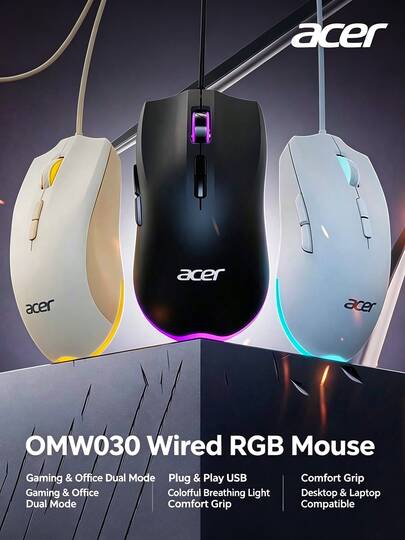Acer OMW030 Ratón con cable iluminado, modo dual para juegos y oficina, USB plug and play, efectos de luz respiratoria coloridos, diseño de agarre cómodo, compatible con computadoras de escritorio y portátiles