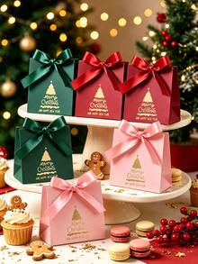 10/5/1pc Exquisite Christmas Gift Bags With Bow Ribbon, Christmas Tree Pattern, Mini Burgundy Christmas Tree Pattern Gift Box, Printed With "Merry Christmas", Suitable For Packaging Christmas, Wedding Favors, Party Gifts And Small Gifts - A - View 2