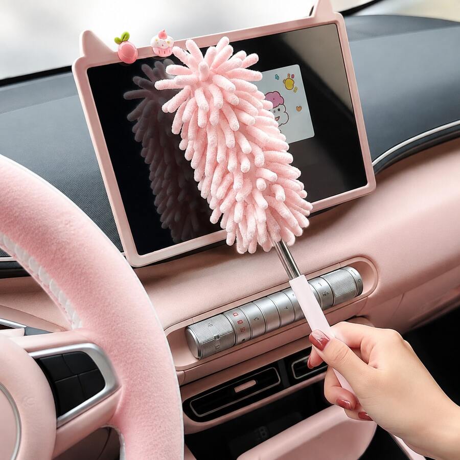 Cute Pink Microfiber Car Duster Brush With Extendable Handle – Soft & Bendable Interior Cleaning Tool For Dashboard, Vents & Touchscreens - A - View 1
