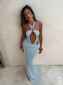 女款時尚掛脖性感優雅休閒淡黃色比基尼泳衣套裝附裙子，適合春夏海灘度假與派對 - 藍色 - 查看 2