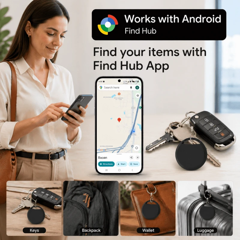 RSH Tag Pintar Pelacak Udara untuk Android, Kompatibel dengan Aplikasi Pusat Pencarian Android (Membutuhkan Sistem Android 9+), Pelacak Cerdas Anti-Hilang Global untuk Kunci, Koper, Perlindungan Privasi, Baterai Dapat Diganti, Hadiah Liburan