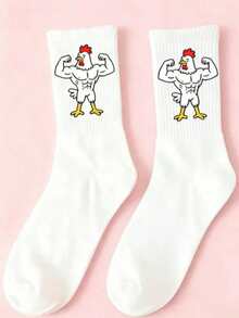 1/2/3 Pairs Fitness Muscle Rooster Cartoon Pattern Mid-Calf Socks, Funny Quirky Style, Men's Sports Mid-Calf Socks, Versatile Couple Socks, Suitable For All Seasons - Black and White - View 12