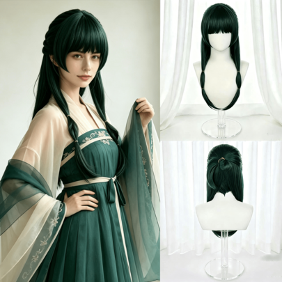 Women's Green Long Straight Twin Ponytail Anime Cosplay Wig, Synthetic Fiber Material, Suitable For Halloween Music Festival, Party Gathering, Cosplay, Stage Performance