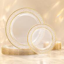 10/20/25 Pack 10.25 Inch & 7.5 Inch Clear Hammered Double Gold Rim Round Dinner Plates Food Trays, Chic Transparent Dinnerware Set For Halloween Autumn Harvest Party, Fancy Serving Plates For Party Hosts & Guests - View 12