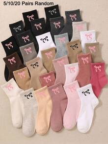 5/10/20 Pairs Random Bow Crew Socks For Girls Sweet Solid Color Mid‑Calf Socks Casual Daily Fall Socks Back To School Halloween Party Gift - Multicolor - View 10