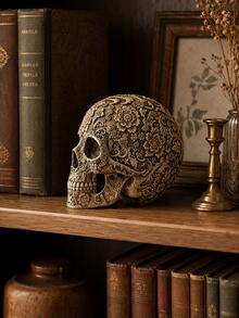 1pc Resin Skull Floral Human Skull Model, Adult Skull Skeleton Model, Day Of The Dead Decoration, Vintage Style Home Desktop Ornament, Horror Party Prop, Unique Collectible Model Gift - 1PC - View 2