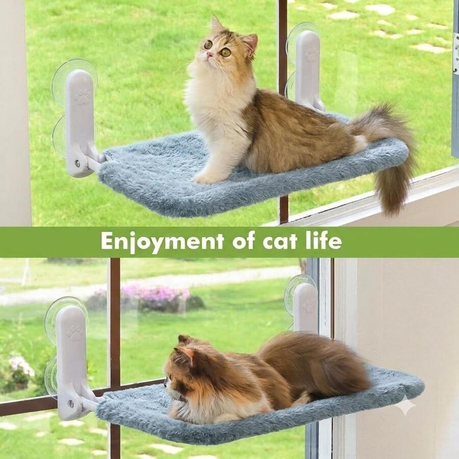 1 pieza Hamaca para gato gris, percha de ventana para gato sin cables, hamaca para gato con 4 ventosas, cama plegable para gatos de interior, silla de descanso plegable y estable, soporte para gato de interior de fácil montaje (las versiones transpirable y de felpa difieren, no son exactamente iguales) - Tamaño grande (52*30cm) - Ver 1