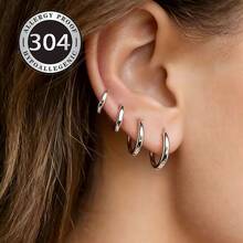4 Pairs Dangle Cartilage Hoop Earrings, Delicate 4-Piece Set, Minimalist Silver Hoop Earring Set - Silver - View 1