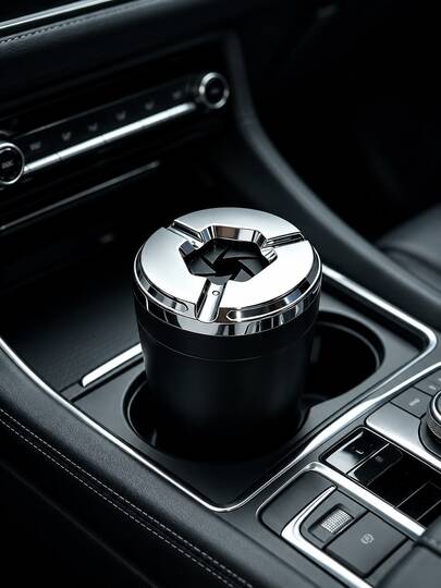 1pc Rotating Lid Car Ashtray, Fits Cup Holder, Sealed Odor-Proof, Detachable Alloy Inner Liner, Electroplated Portable Ashtray, Suitable For Car, Home, Office Desk And More