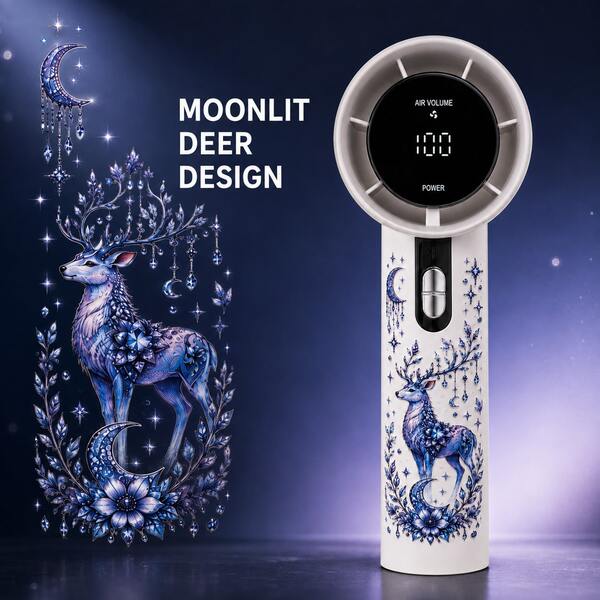 Ventilador de mano ajustable de 100 velocidades con pantalla digital, batería de 1800mAh, diseño portátil de ciervo de luz de luna, adecuado para el hogar, la oficina y los viajes