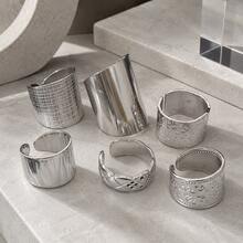 304 Stainless Steel European & American Vintage 6pcs Wide Textured Ring Set, Women's Personalized Hammered Engraved Metallic Stackable Rings, Minimalist Versatile Street Style Daily Party Jewelry - Geometry 6 Pieces - View 3