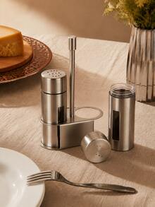 2 Buah Set Wadah Bumbu Stainless Steel dengan Rak, Dispenser Bumbu Garam & Merica Isi Ulang untuk Dapur, Meja Makan, BBQ, Pesta, Hari Nasional Saudi - Perak - View 4