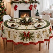 1pc Christmas Party Tablecloth, Reindeer, Holly, Bow Pattern, Rectangular And Round Options, Pine Branch And Snowflake Print Polyester Tablecloth, Suitable For Holiday Dining Room, Christmas Party, Winter Home Decor - Multicolor - View 14