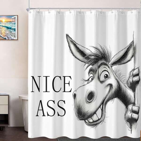 1pc Funny Peeking Donkey Shower Curtain, Black & White Sketch Bathroom Partition – Suitable For Bathroom Decor, Easy To Clean, Exquisite Home Decoration, Bathroom Partition Curtain, Decorative Shower Curtain, Bathroom Accessories Home Decor Gift – Includes 12 Hooks