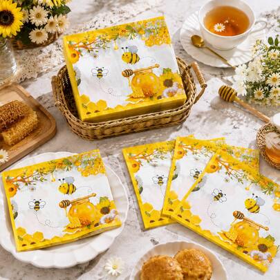 25/50/100pcs Cute Little Bee Happy Birthday Disposable Paper Napkins, Bee Theme Party Napkins, Suitable For Birthday Party, Birthday Celebration Theme Party, 1st Birthday, Baby Shower, Bridal Shower, Wedding And Afternoon Tea Table Decoration