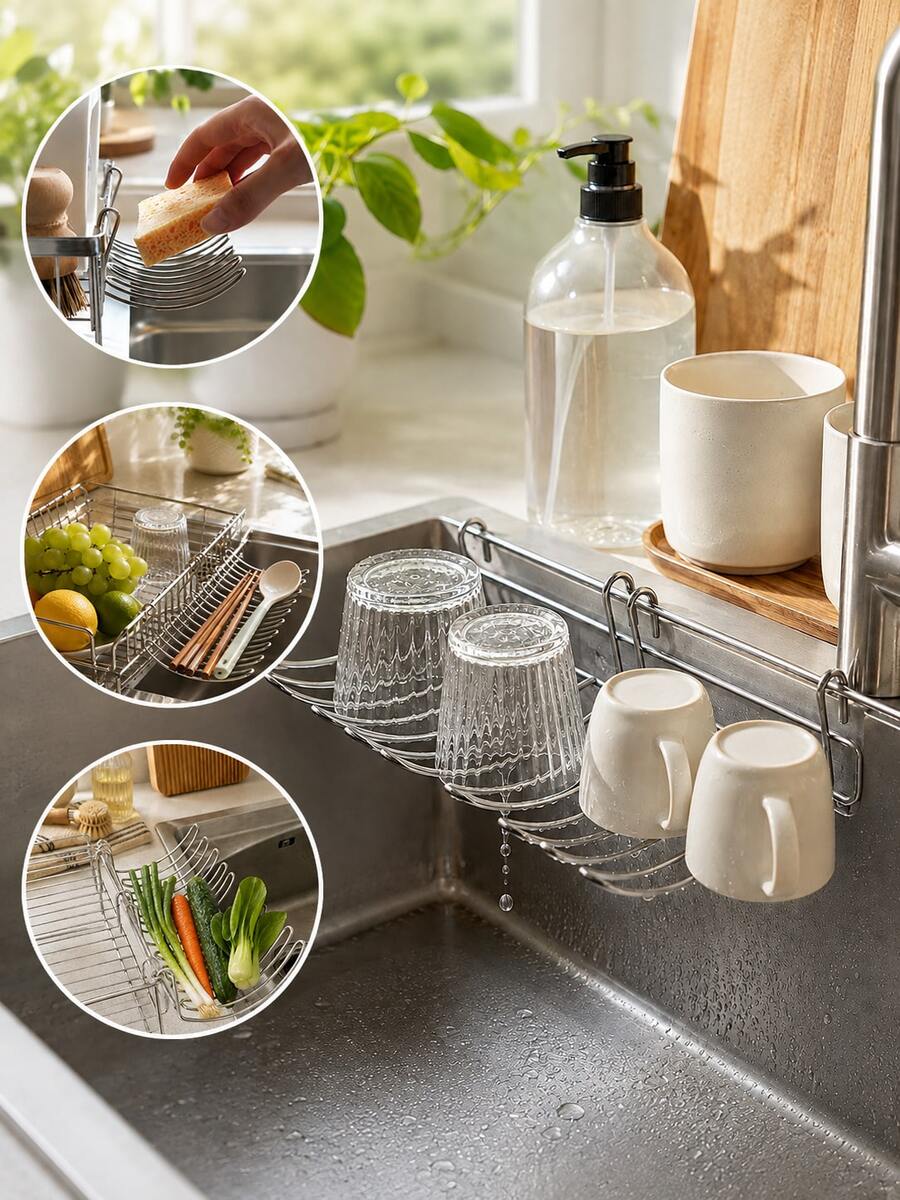 2/1pc Stainless Steel Dish Drying Rack, Stainless Steel Dishcloth Holder, Extra Wide Temporary Storage And Drying Rack, Household Cleaning Storage Rack And Basket