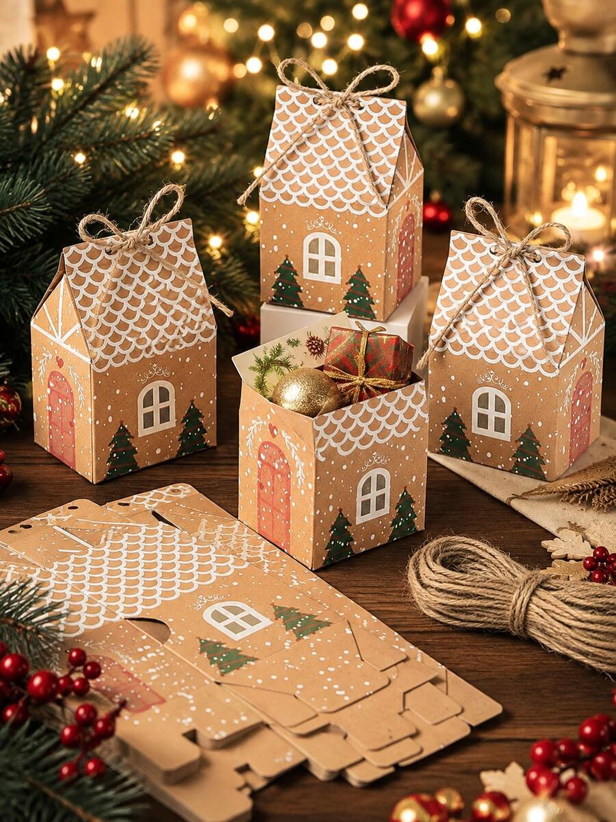 24pcs Christmas Kraft Paper House Gift Boxes With Jute Rope, Cute Gingerbread House Shaped Foldable Gift Packaging Boxes, Suitable For Christmas Party Favors, Holiday Gift Wrapping, Home Decor, DIY Handmade Gift Box Supplies - Multicolor 2 - View 1