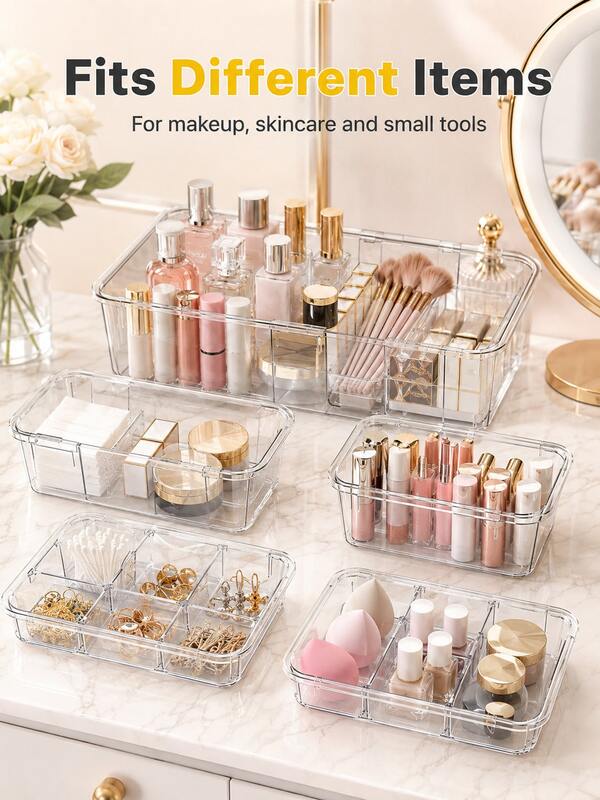 12/8/7/6/4/3/1pc Transparent Desktop Drawer Storage Box, Suitable For Organizing Small Items, Ideal For Cosmetics, Makeup Tools And Accessories, Also For Stationery And Daily Supplies Classification Storage, Suitable For Student Dorm, Room Decor And Desktop Storage