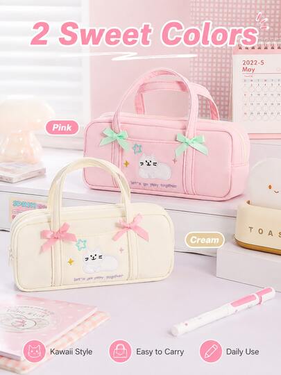 1pc Cute Embroidered Cat Pencil Pouch With Bow, 3 Colors Available, Fresh Minimalist Stationery Storage Bag, Portable Multi-Functional Desktop Organizer