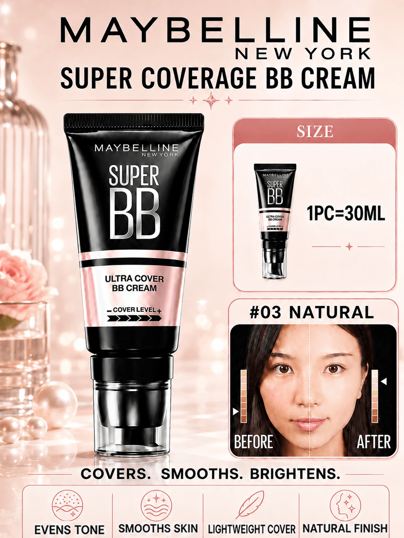 Maybelline 美寶琳 Super Coverage 遮瑕膏 #03 Natural，30ml，高遮瑕力，多效能，奶油質地，打造自然亮白膚色，適合乾性肌膚