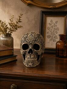 1pc Resin Skull Floral Human Skull Model, Adult Skull Skeleton Model, Day Of The Dead Decoration, Vintage Style Home Desktop Ornament, Horror Party Prop, Unique Collectible Model Gift - 1PC - View 7