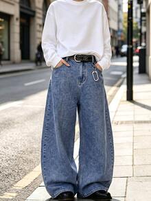 1 buah Celana Jeans Pria American Vintage Motif Kepingan Salju Biru Model Longgar Kaki Lebar Potongan Melengkung - Biru - View 5