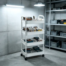 4-Tier Rolling Storage Cart With Handle, Mobile Multi-Function Organizer Rack, Breathable Hollow Design, Waterproof And Easy To Clean, Space-Saving Storage Trolley For Bathroom, Kitchen, Living Room, Garage, Office - Multiple Styles - View 4
