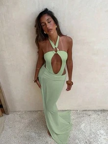 女款時尚掛脖性感優雅休閒淡黃色比基尼泳衣套裝附裙子，適合春夏海灘度假與派對 - 綠色 - 查看 2
